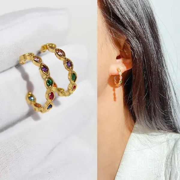Boucles D'Oreilles Créoles Ouvertes Laiton Plaqué Or Zircons Multicolores