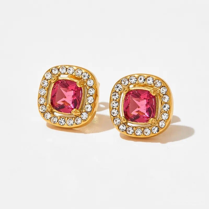 Boucles D'oreilles Puces Plaqué Or 18K Carré Zircon Rouge