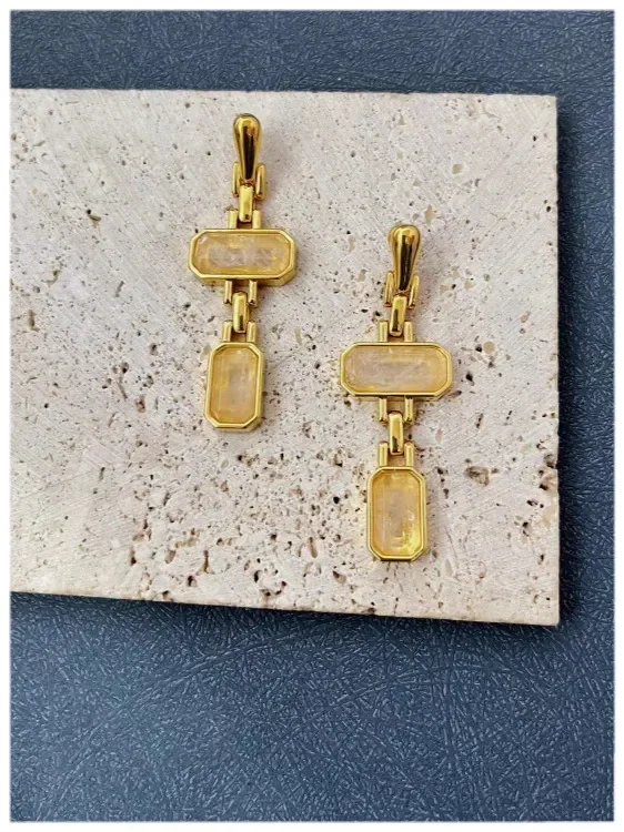 Boucles D'Oreilles Pendantes Géométriques Vintage Laiton Doré Cristal