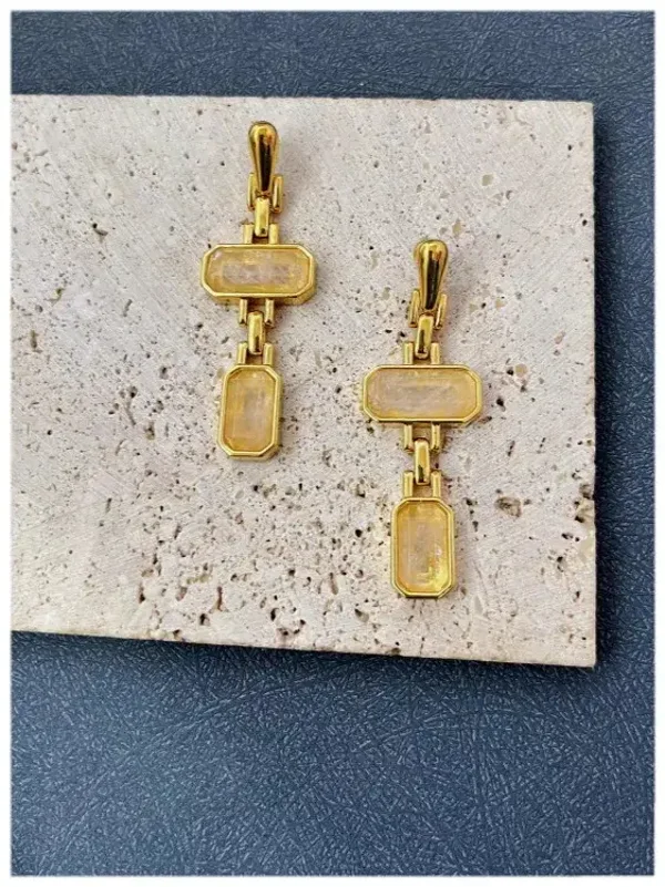 Boucles D'Oreilles Pendantes Géométriques Vintage Laiton Doré Cristal