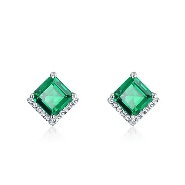 Boucles D'Oreilles Etincelantes Clous Carré Halo Emeraude Zircon