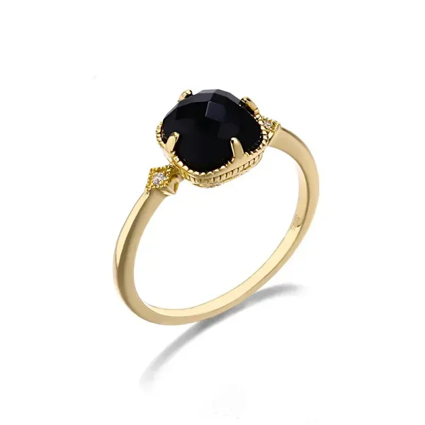 Bague Onyx Noir Argent Plaqué Or Jaune Zircon