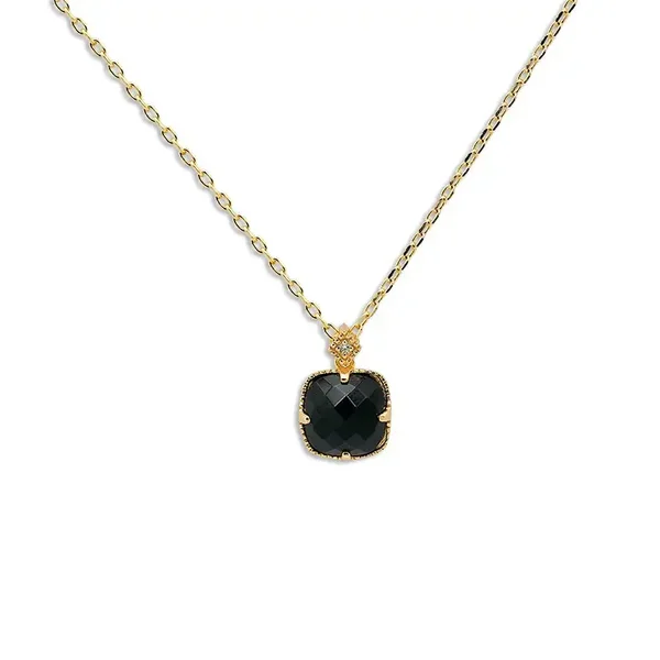 Collier Pendentif Solitaire Onyx Noir Argent Plaqué Or Zircon