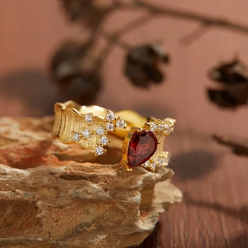 Bague Ouverte Argent Plaqué Or Grenat Naturel Zircon