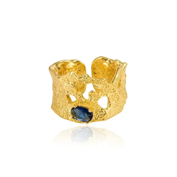 Bague Large Ajustable Style Bohême Argent Plaqué Or Zircon Saphir