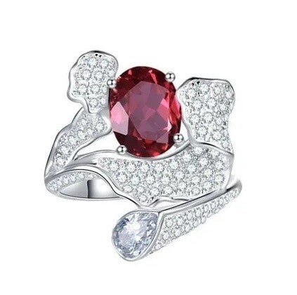 Bague Moderne Asymétrique Rubis Argent Plaqué Or Zircon