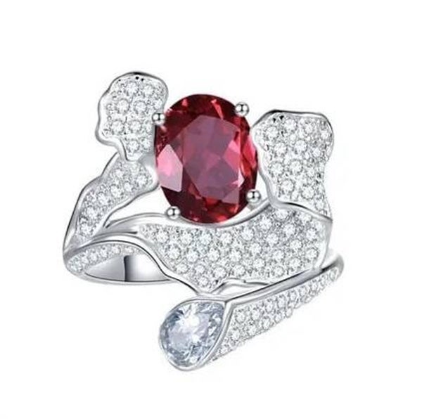 Bague Moderne Asymétrique Rubis Argent Plaqué Or Zircon
