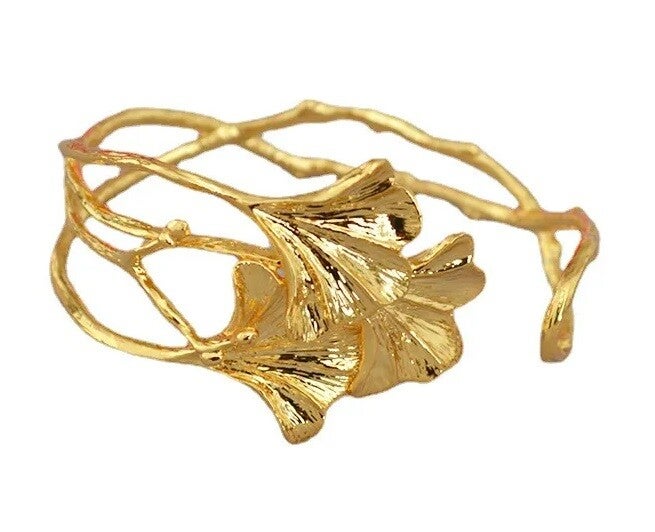 Bracelet Manchette Ajustable Feuilles de Ginkgo Entrelacées Laiton Doré