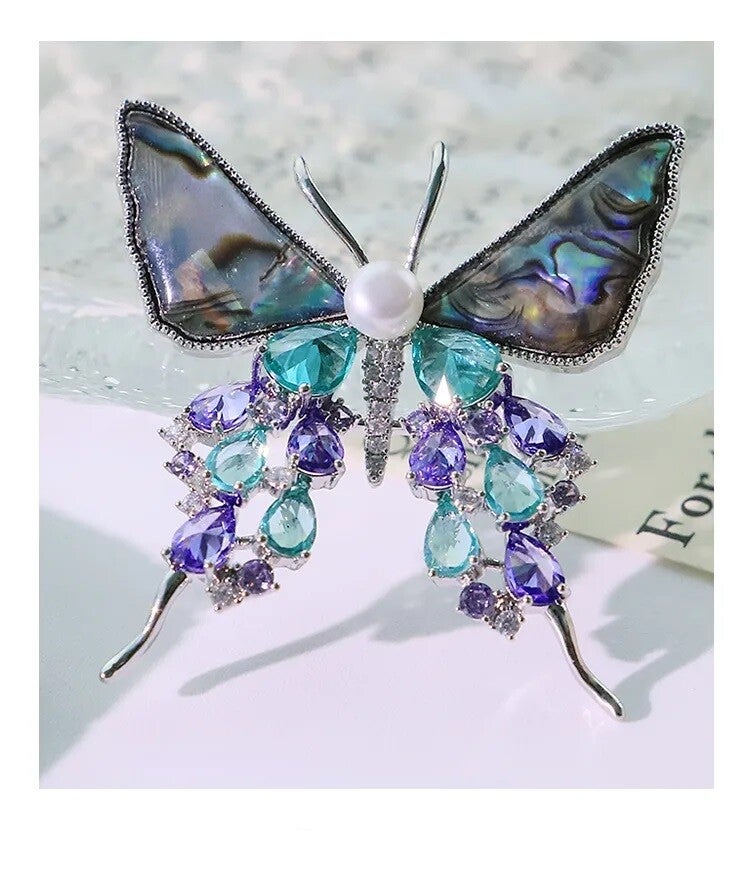 Broche Papillon En Nacre Zircon Perle Naturelle