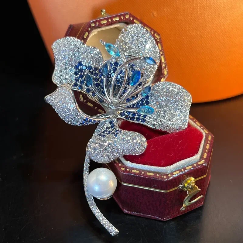 Broche Orchidée Luxe Zircon Perle De Cristal