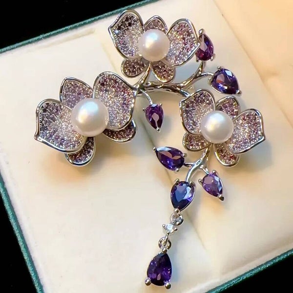 Broche Romantique Branche D'Orchidée Zircon Perle Naturelle
