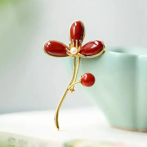 Broche Trèfle Agate Rouge Perle Naturelle