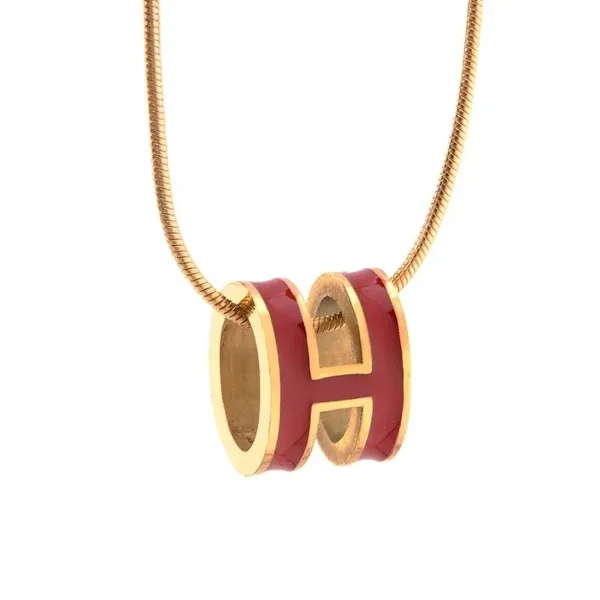 Collier Pendentif H Doré à l'Or Fin Email Rouge
