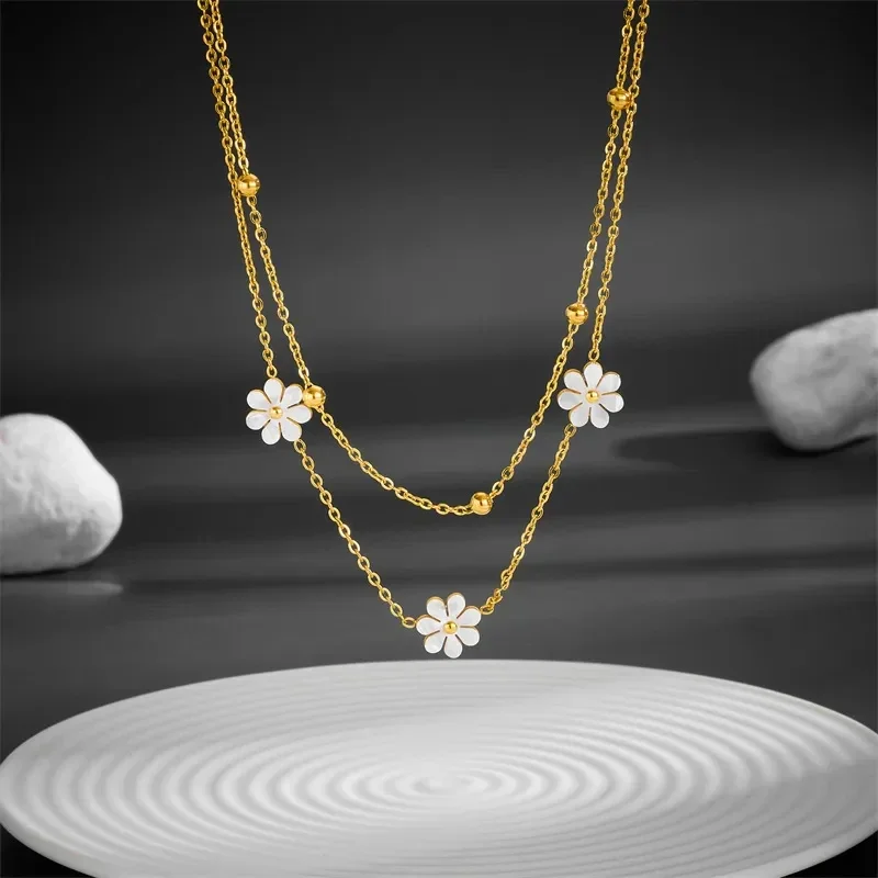 Collier Chaîne Double Plaqué Or Jaune 18K Fleur Nacrée