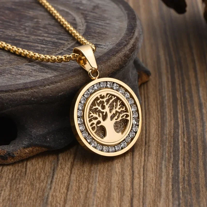 Collier Pendentif Arbre de Vie Acier Doré Oxyde de Zirconium