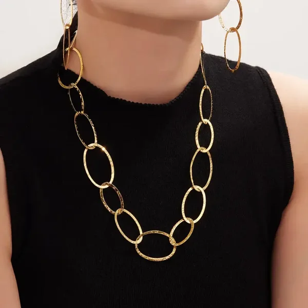 Collier Sautoir à Maillons Ovales Entrelacés Acier Plaqué Or 18K