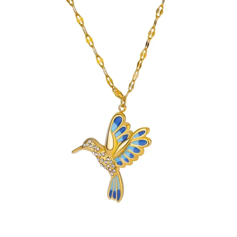 Collier Pendentif Colibri Plaqué Or 18K Email Oxyde de Zirconium
