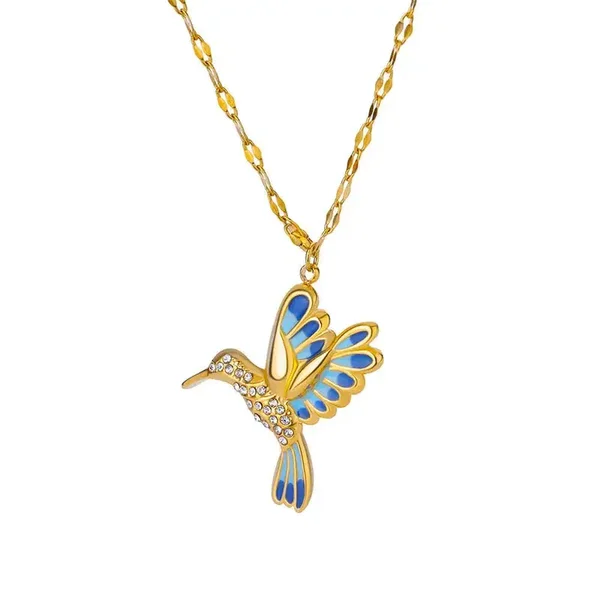 Collier Pendentif Colibri Plaqué Or 18K Email Oxyde de Zirconium