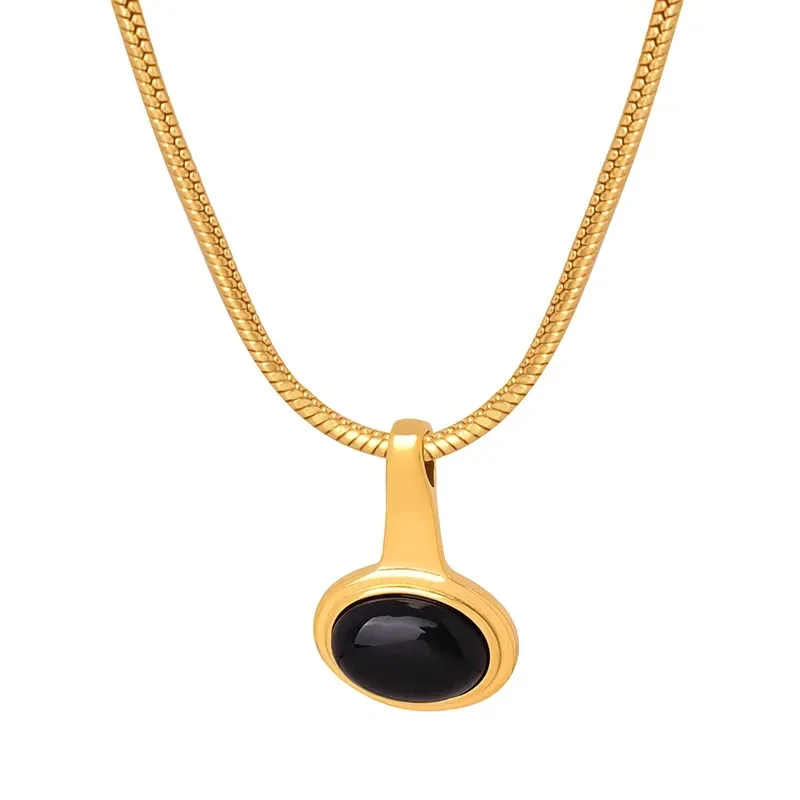 Collier Pendentif Géométrique Acier Plaqué Or 18K Perle de Verre Noir