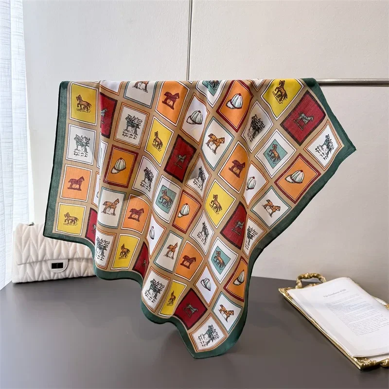 Foulard Carré Coton Lin 68 x 68 cm Motif Equestre Encadré