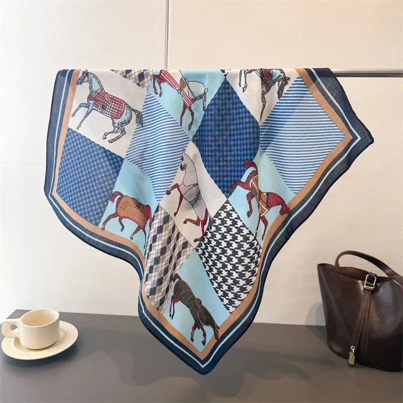 Foulard Carré Coton Lin 68 x 68 cm Motif Cheval Bleu