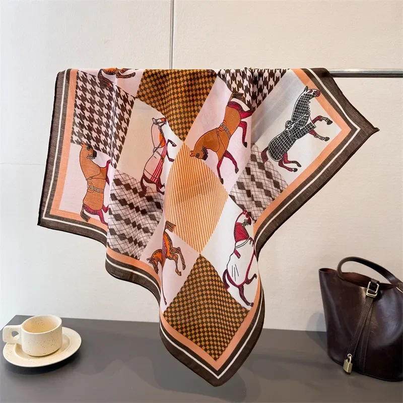 Foulard Carré Coton Lin 68 x 68 cm Motif Cheval Brun Orange