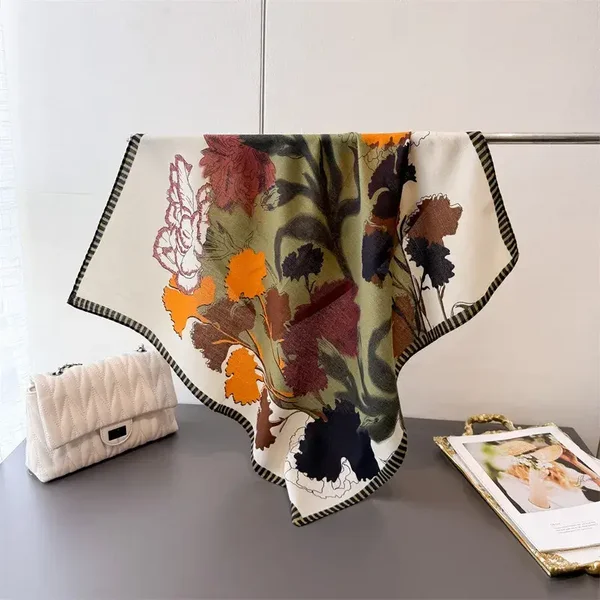 Foulard Carré Coton Lin 68 x 68 cm Motif Ginkgo