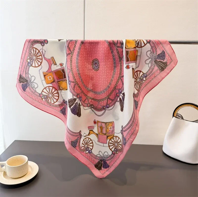 Foulard Carré Coton Lin 68 x 68 cm Motif Calèche Rose