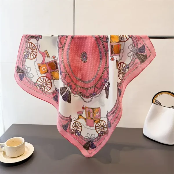 Foulard Carré Coton Lin 68 x 68 cm Motif Calèche Rose
