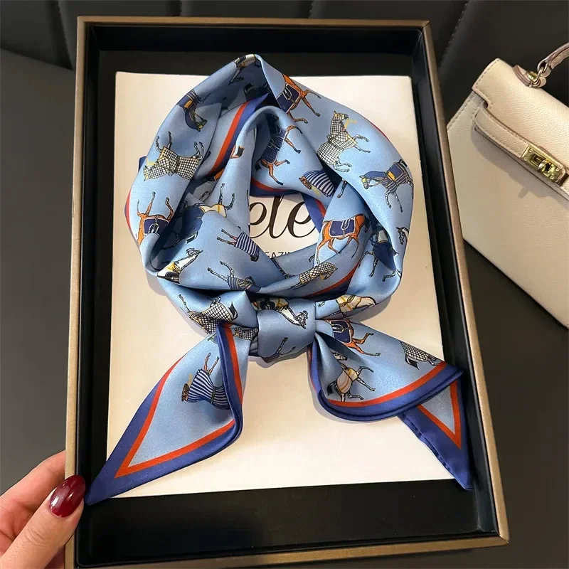 Foulard Rectangulaire Soie 14 x 147 cm Motif Cheval Bleu
