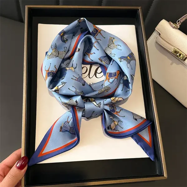 Foulard Rectangulaire Soie 14 x 147 cm Motif Cheval Bleu