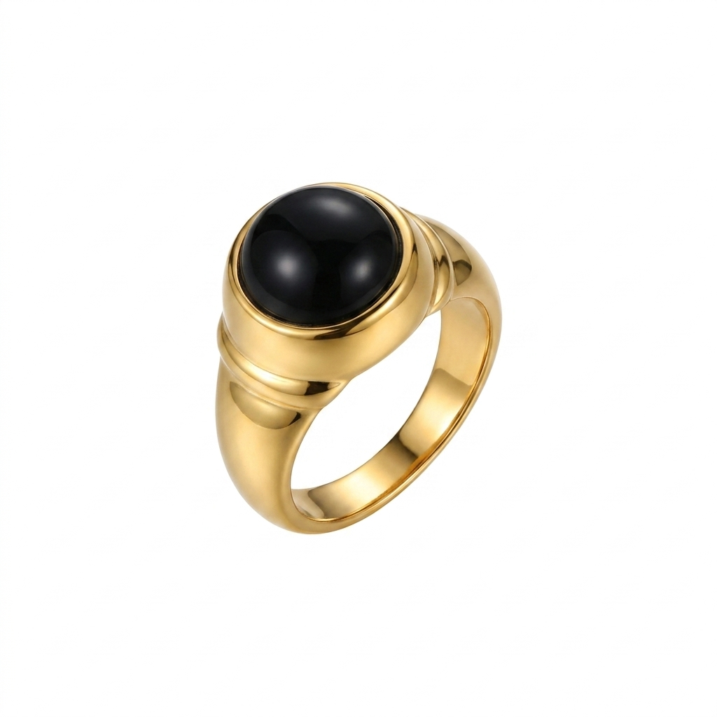 Bague Style Chevalière Minimaliste Laiton Plaqué Or Cabochon Agate Naturelle