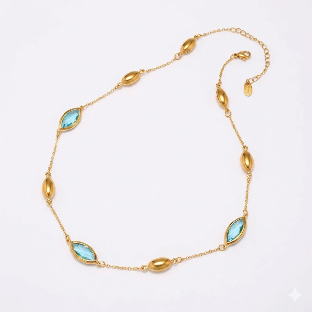 Collier Glamour Doré à l'Or Fin Pierre Cristal Bleu Ciel