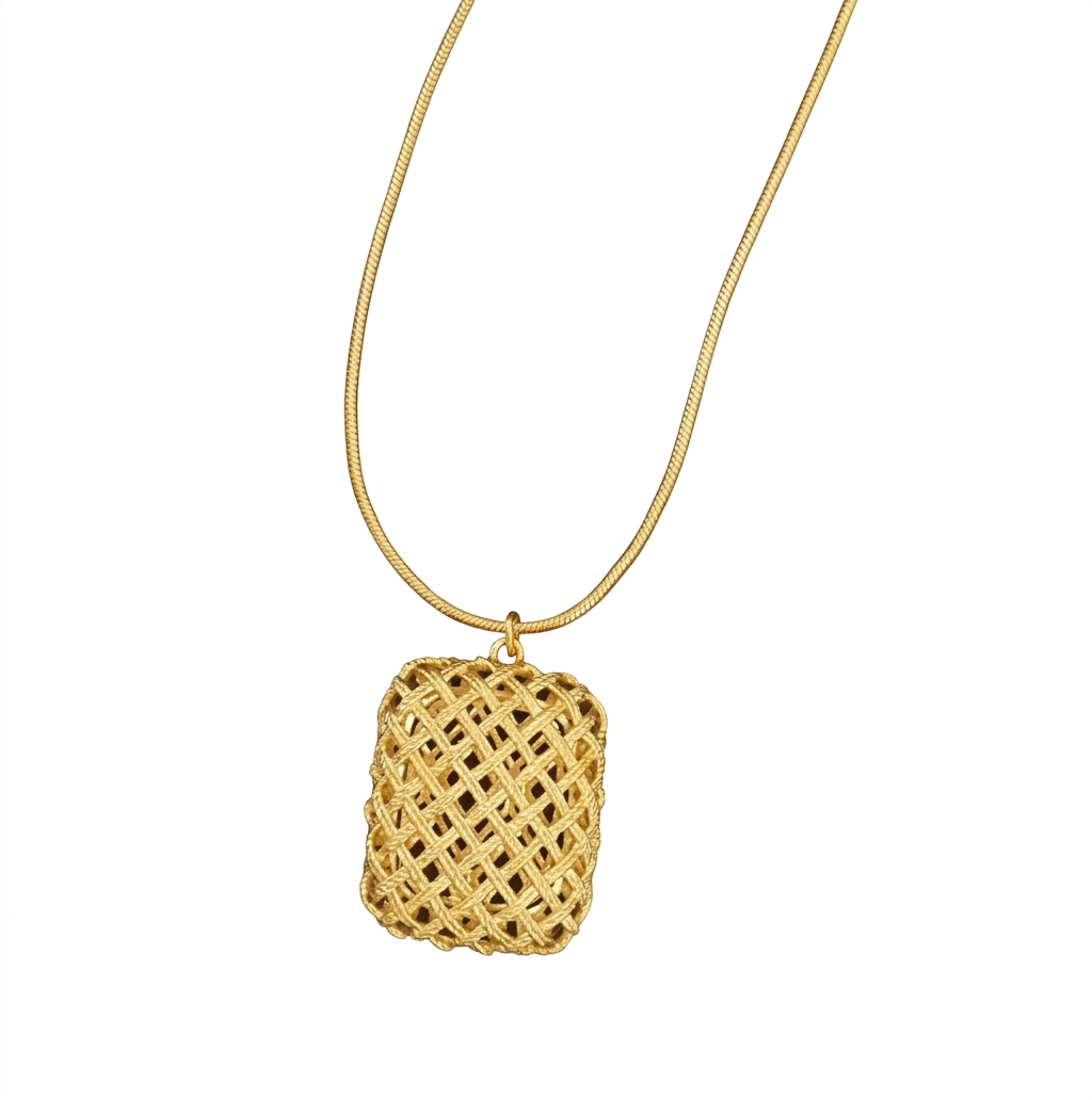 Collier Pendentif Rectangulaire Vintage Motif Tressé Quadrillé Laiton Doré