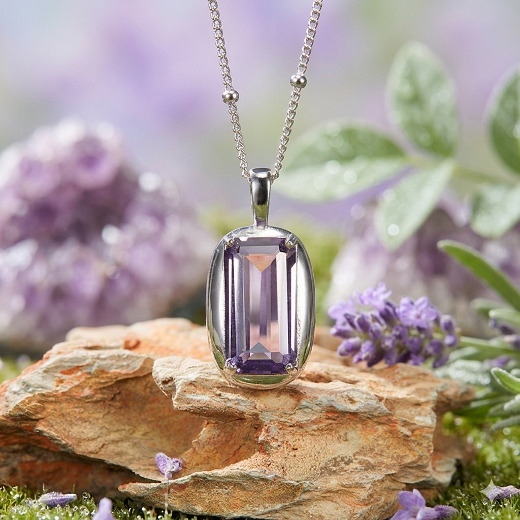 Collier Argent Pendentif Moderne Améthyste Naturelle Rectangulaire