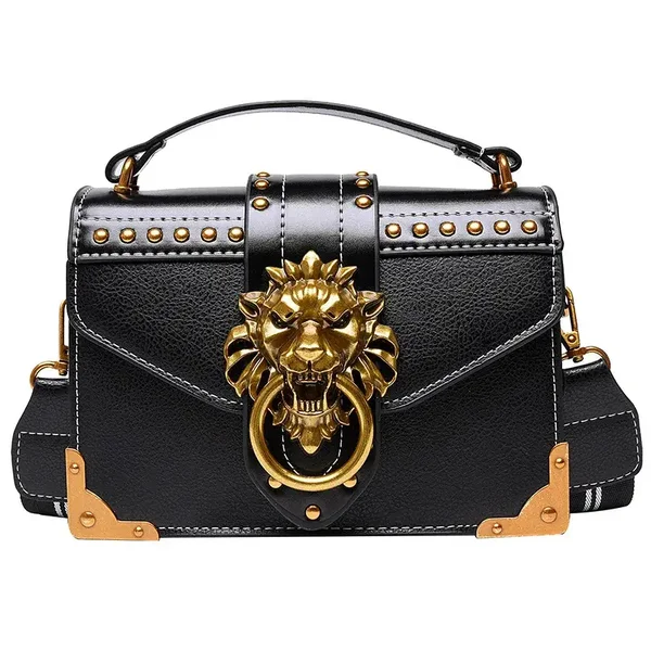 Sac à Main Cuir Rigide Carré Crossbody Noir Tête de Lion