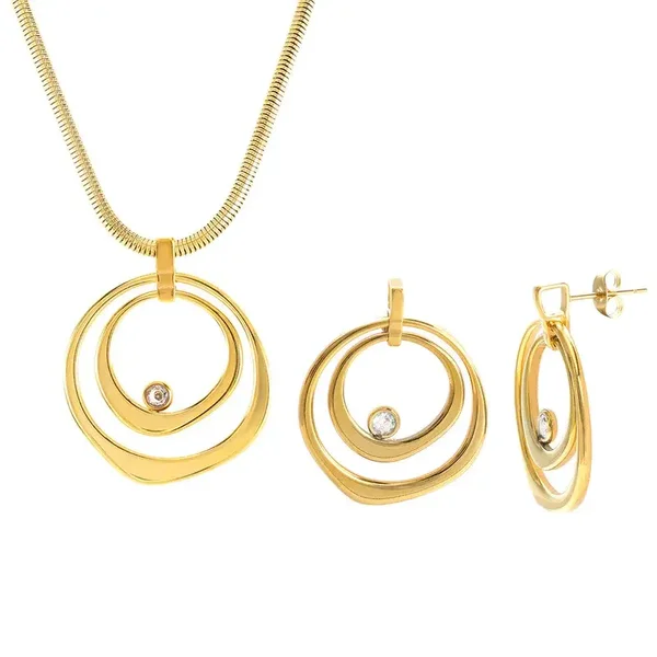 Parure Collier Boucles D'Oreilles Acier Plaqué Or 18K Double Anneau