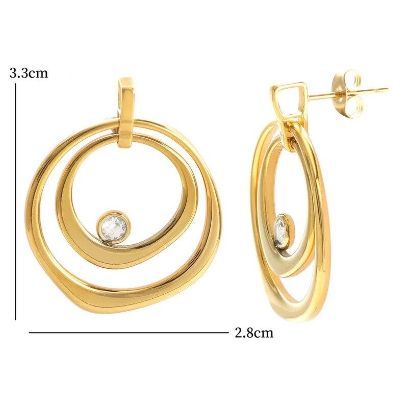 Boucles D'Oreilles Plaqué Or Jaune Pendentif Double cercle Zircon