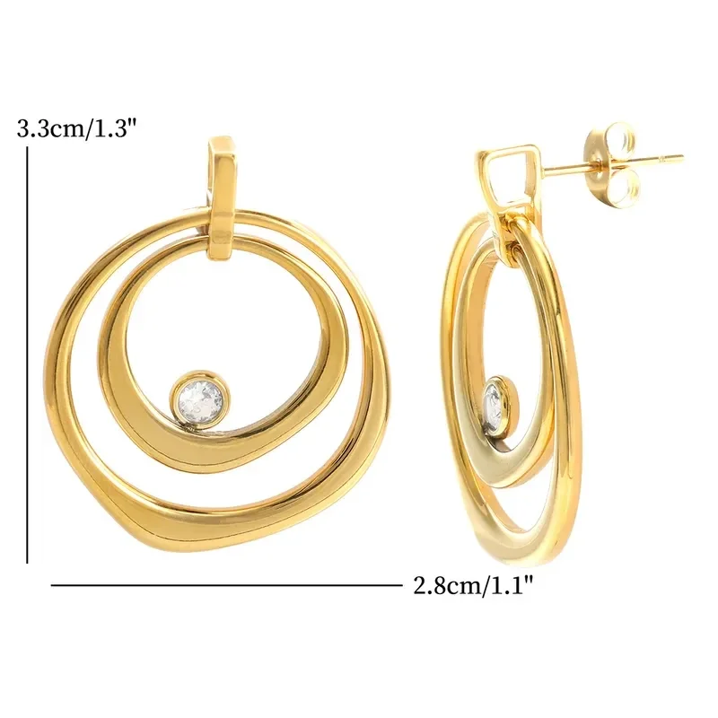 Boucles D'Oreilles Plaqué Or Jaune Pendentif Double cercle Zircon