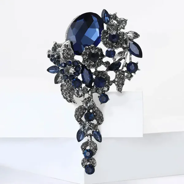 Broche Imposante Fleurs en Cascade Style Rétro Bleu
