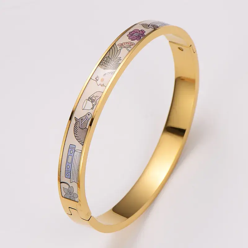 Bracelet Jonc Acier Doré Email Décor multicolore Pastel