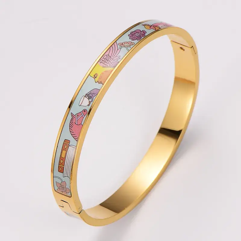 Bracelet Jonc Acier Doré Email Décor multicolore Vif