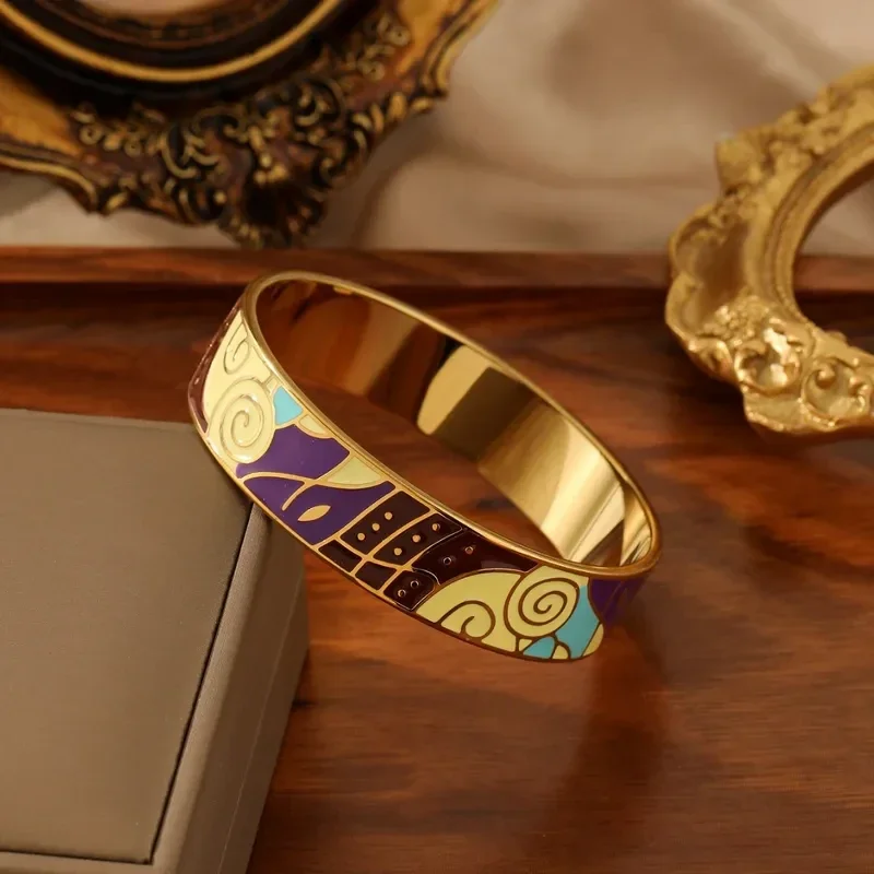 Bracelet Jonc Acier Doré Emaillé Multicolore