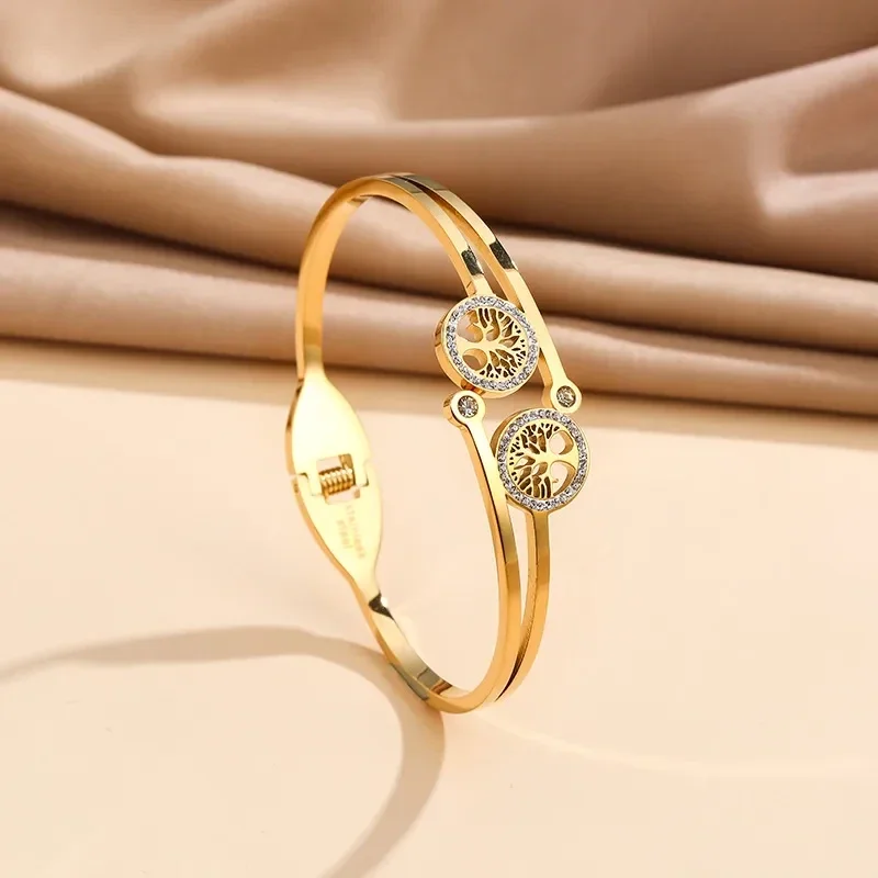 Bracelet Jonc à Ressort Arbre de Vie Double Acier Doré 18K Zircon
