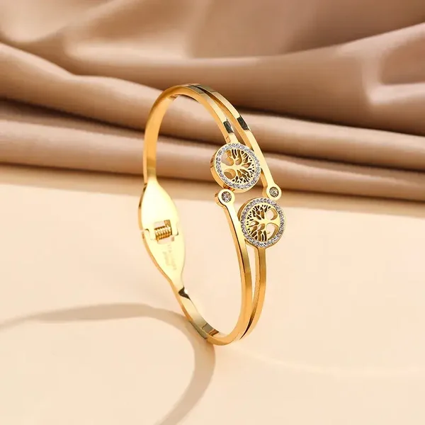 Bracelet Jonc à Ressort Arbre de Vie Double Acier Doré 18K Zircon