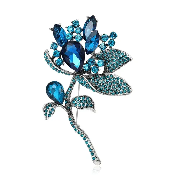 Broche Etincelante Fleur d'Inspiration Ancienne Couleur Bleu