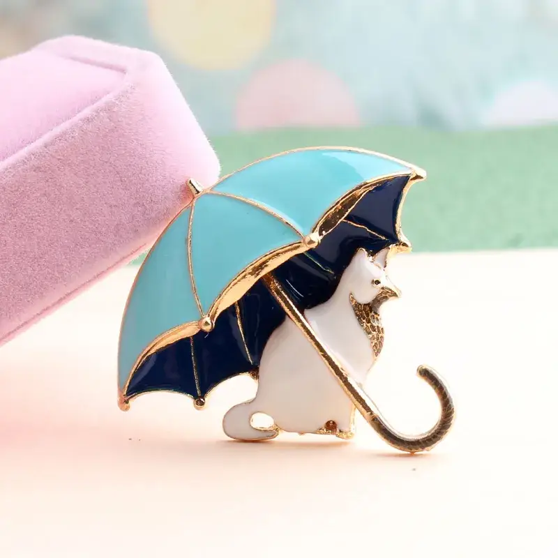 Broche Chat Parapluie Bleu