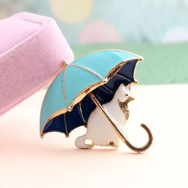 Broche Chat Parapluie Bleu