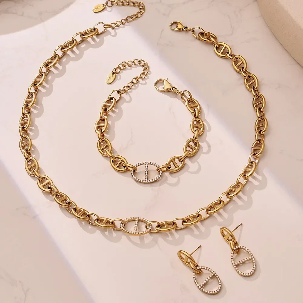Parure Collier Bracelet Boucles D'Oreilles Maillon d'Ancre Plaqué Or Zircon