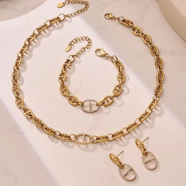 Parure Collier Bracelet Boucles D'Oreilles Maillon d'Ancre Plaqué Or Zircon